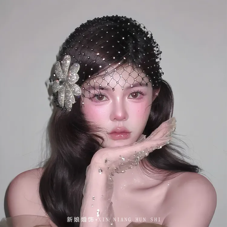 易梦玲同款赫本风水钻花朵网纱帽饰高级感气质包头帽森系新娘头饰