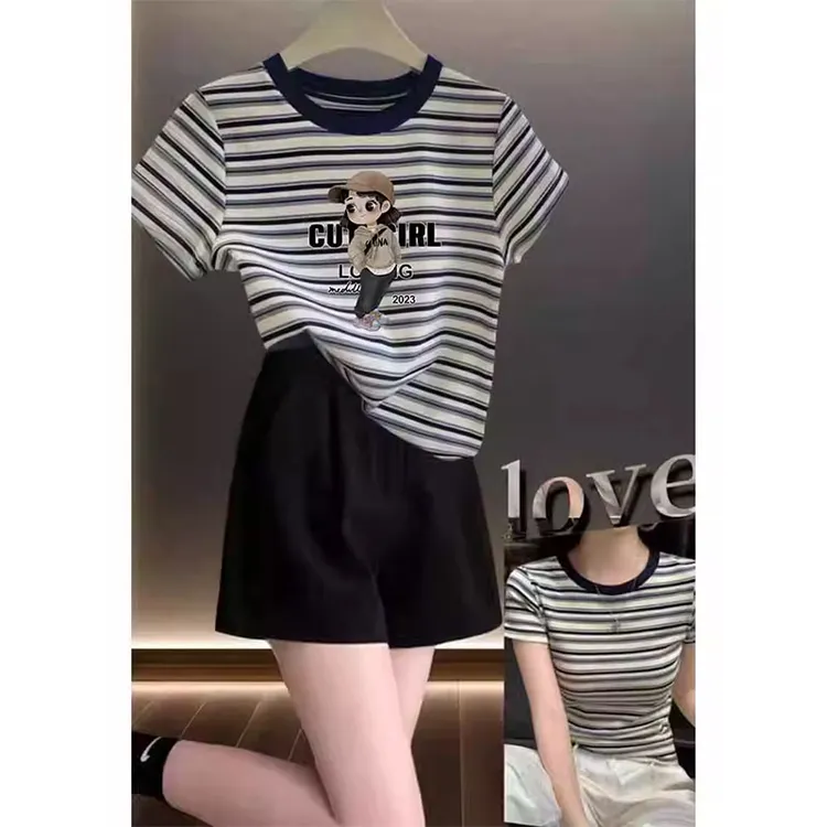 韩版时尚拼色条纹圆领短袖t恤女夏季潮款小众设计感休闲正肩显瘦