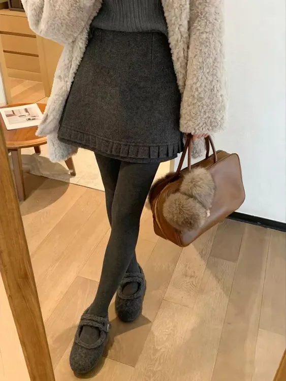 韩系秋冬纯色针织半身裙女高腰显瘦A字毛呢短裙气质百搭裙子