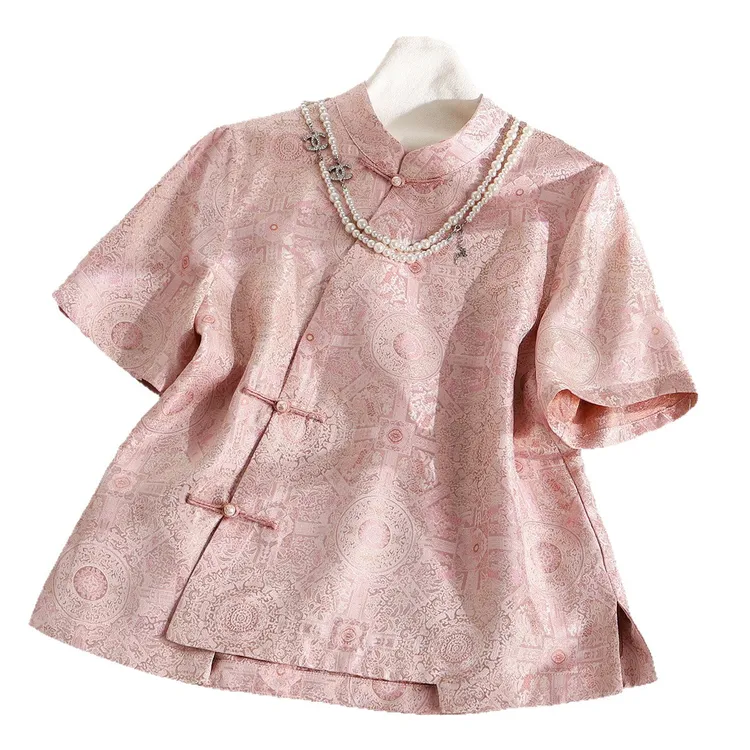 深圳南油2025夏季真丝提花新中式国风上衣女立领斜襟减龄短款t恤