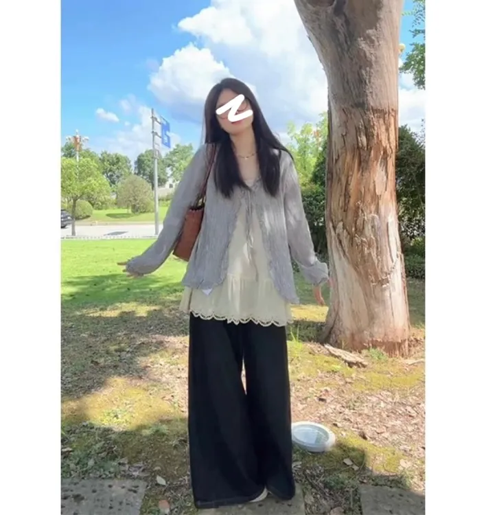 「小吴家」早秋新款洋气减龄木耳边罩衫蕾丝吊带背心➕阔腿裤三件套