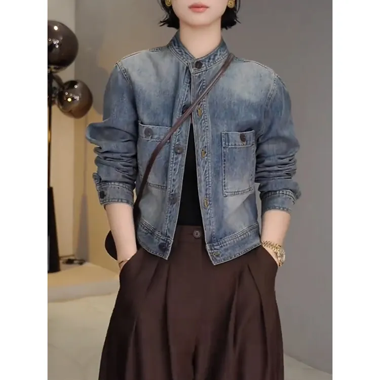美式辣妹气质复古短款牛仔外套2025秋冬新款通勤高级立领夹克女装