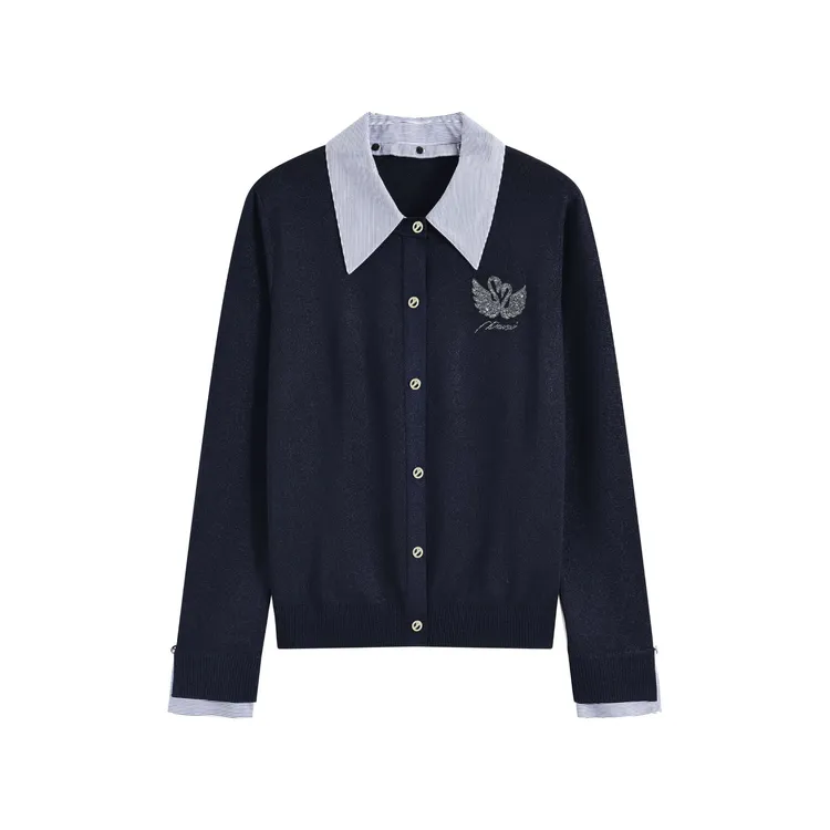 千韵伊然 新款藏青色时尚气质假两件长袖针织衫上衣0461