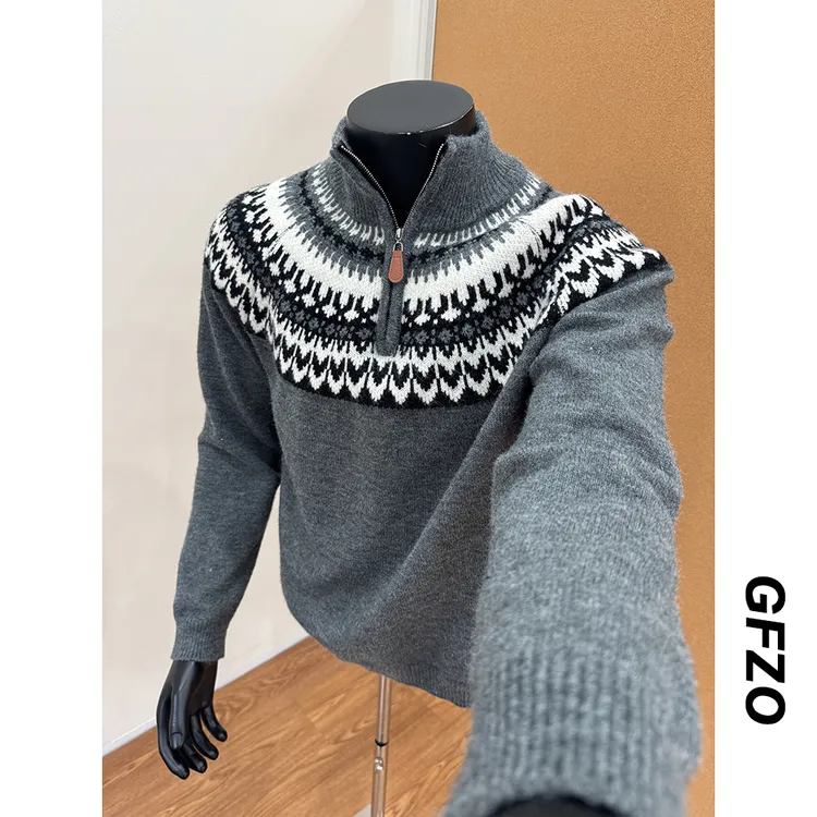 费尔岛毛衣男冬季美式复古提花慵懒风半高领拉链情侣休闲针织衫
