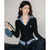 【现货秒发】假两件正肩长袖t恤女修身polo领打底衫独特小秋T恤