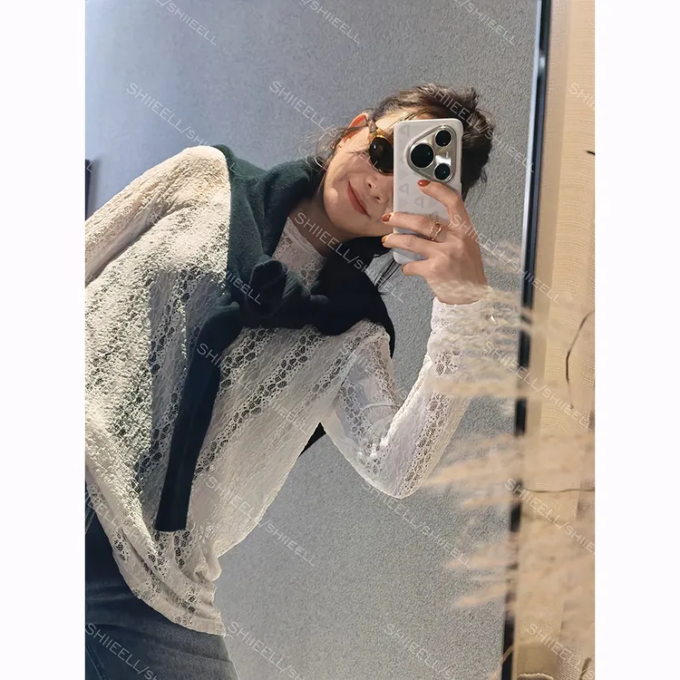 SHIIEELL【织梦蕾丝长衫】磨毛慵懒风宽松蕾丝长袖打底针织衫ZJ001