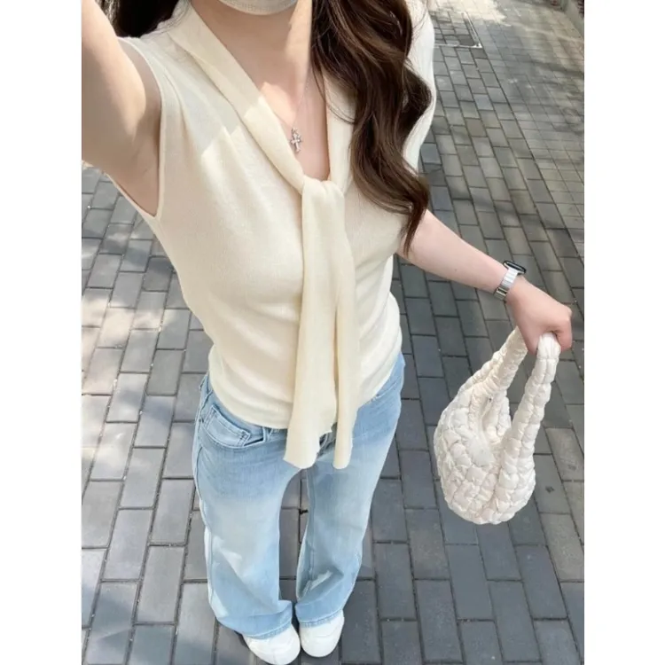 韩系系带v领超好看独特漂亮上衣女显瘦高级感温柔短袖t恤夏季穿搭