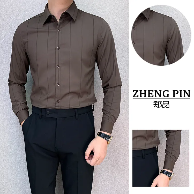 ZP6601#修身免烫衬衣轻奢气质款时尚百搭男士英伦咖条纹长袖衬衫