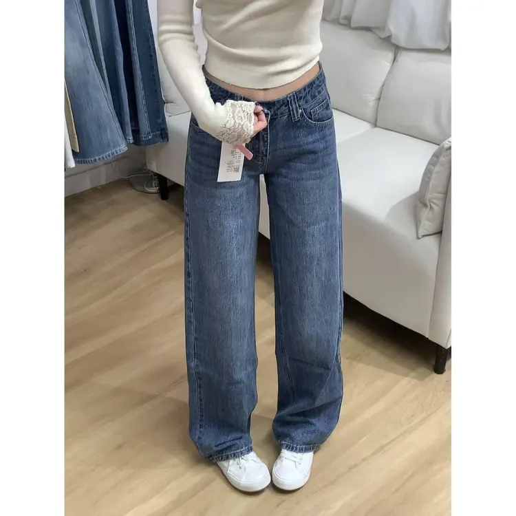 美式辣妹低腰直筒牛仔裤女2026新款复古水洗设计感显瘦拖地阔腿裤