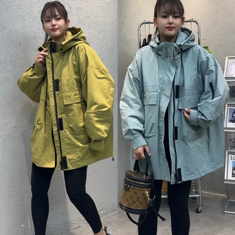 9601韩版春季新款工装风大口袋连帽风衣休闲外套女装