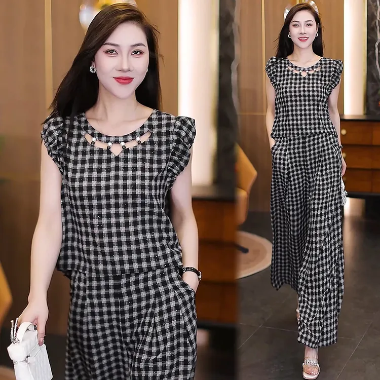 轻熟风格子时尚套装女2025新款复古宽松无袖上衣阔腿裤两件套通勤