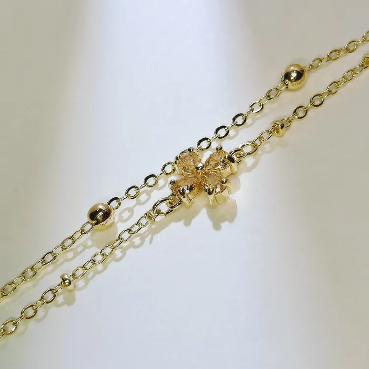 纯铜锆石手链 精品黄水小众轻奢四叶草双层气质手链
