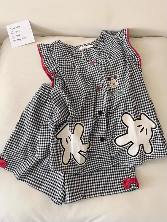 韩系可爱风卡通慵懒米奇格纹无袖短裤睡衣两件套女夏季新款家居服