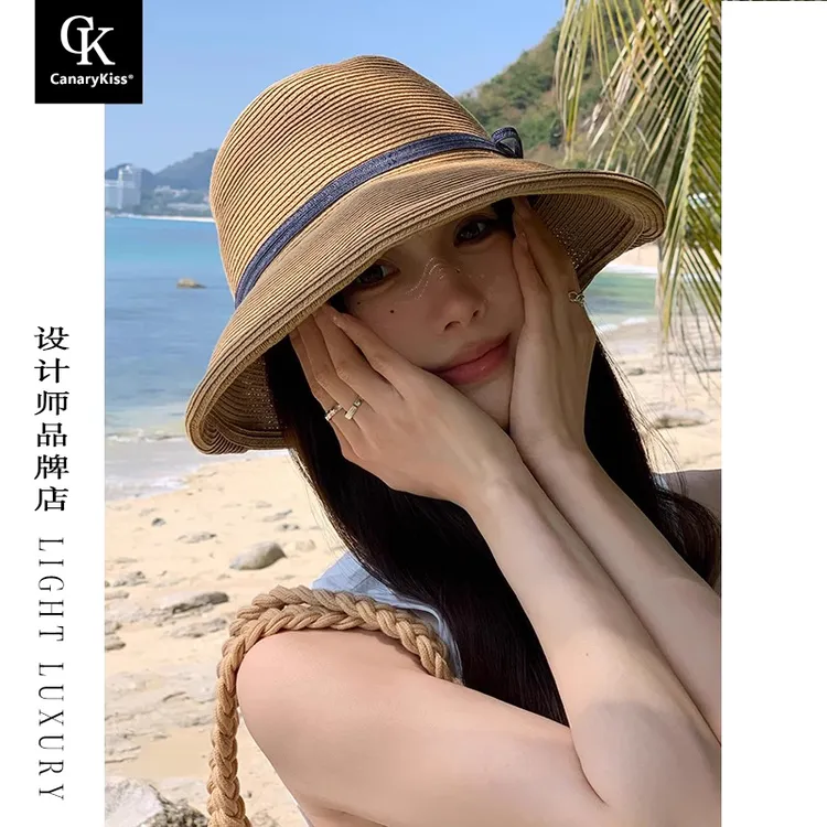 CanaryKiss赫本风草帽女士秋季海边沙滩太阳帽大帽檐防晒渔夫帽子