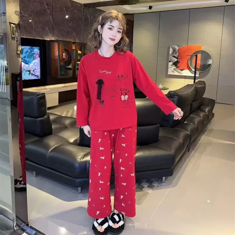 新款卡通时尚女士睡衣套装宽松网红款长袖长裤家居服套装圆领印花