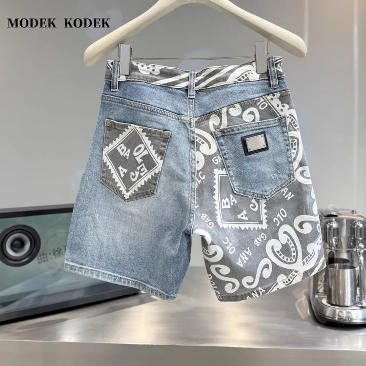 MODEK KODEK轻奢高级感印花牛仔短裤男士夏季潮流宽松休闲五分裤