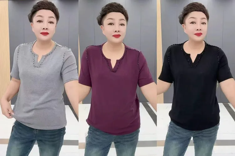 梦梦家3496款时尚洋气v领串珠休闲百搭半袖衫