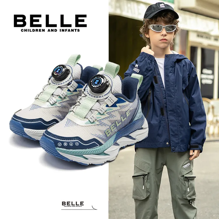 2025百丽儿童秋季新款防滑百搭户外透气网面休闲运动纽扣鞋L5Q319