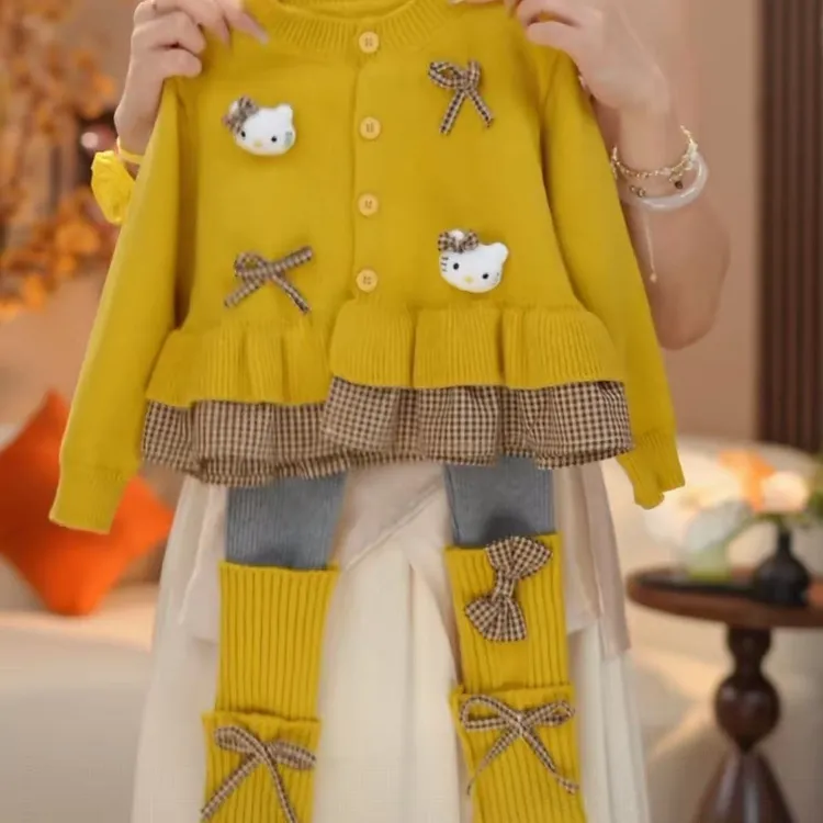 女童假两件套装春秋季2025新款针织衫毛衣秋装女大童打底裤两件套