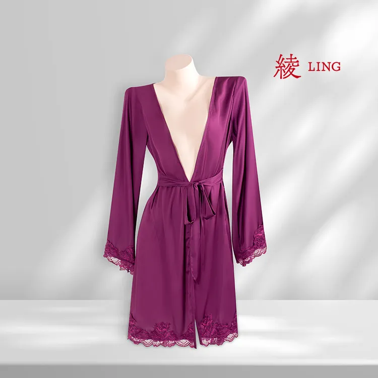Ling Touch绫「幽雅」蕾丝拼接凉感睡裙紫罗兰修身睡袍夏女