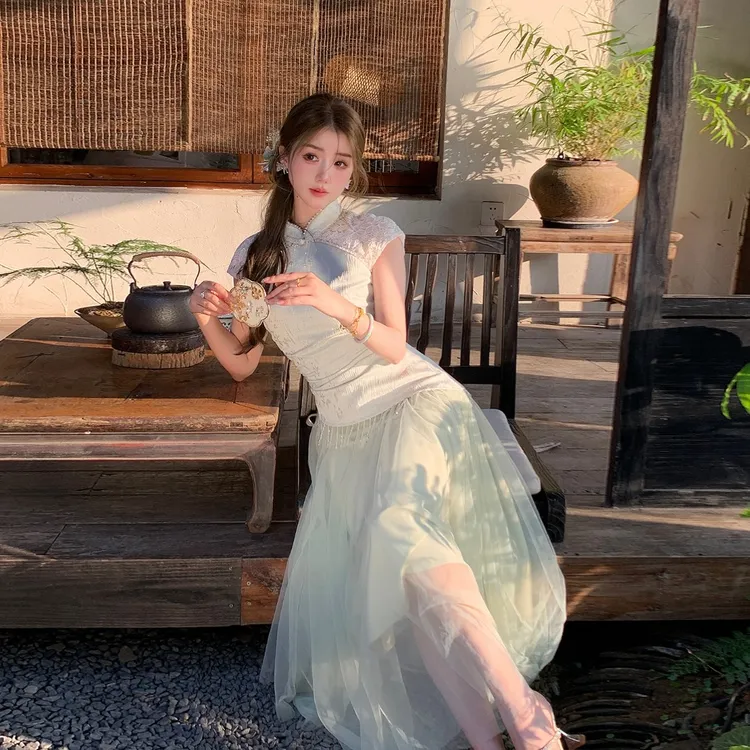 冰冰来了【春烟扶柳】小众设计新国风拼接旗袍裙提花连衣裙 27238