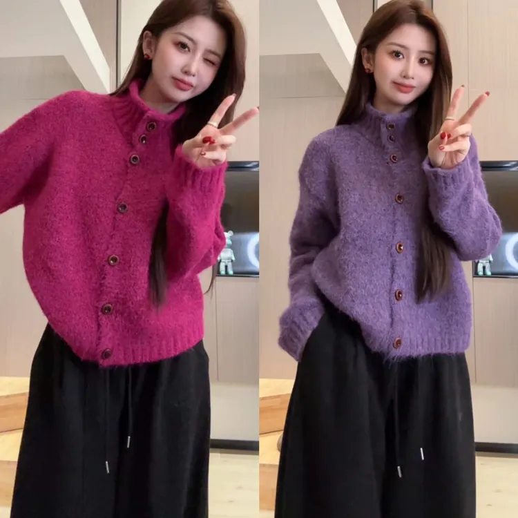 秋冬穿搭女2026新款韩版宽松外套慵懒百搭针织开衫阔腿裤三件套