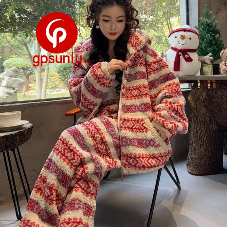 gpsunlu小香风加厚款冬天保暖睡衣女秋冬新款珊瑚绒家居服套装
