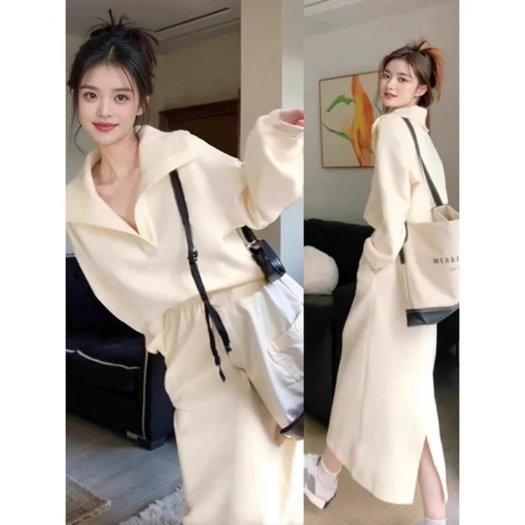 小香风休闲运动卫衣纯色拼接慵懒高级感气质盐系轻熟风套装