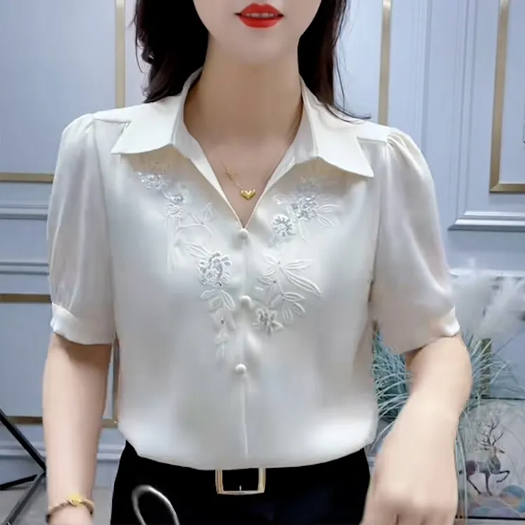 【渠道品专属】刺绣雪纺衬衫显瘦衬衣夏季女士洋气衬衫加宽加大女装