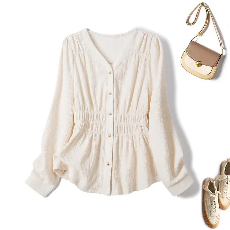 奥·邦奴 2025秋季新款大码高级感轻奢V领收腰衬衫显瘦遮肚上衣女