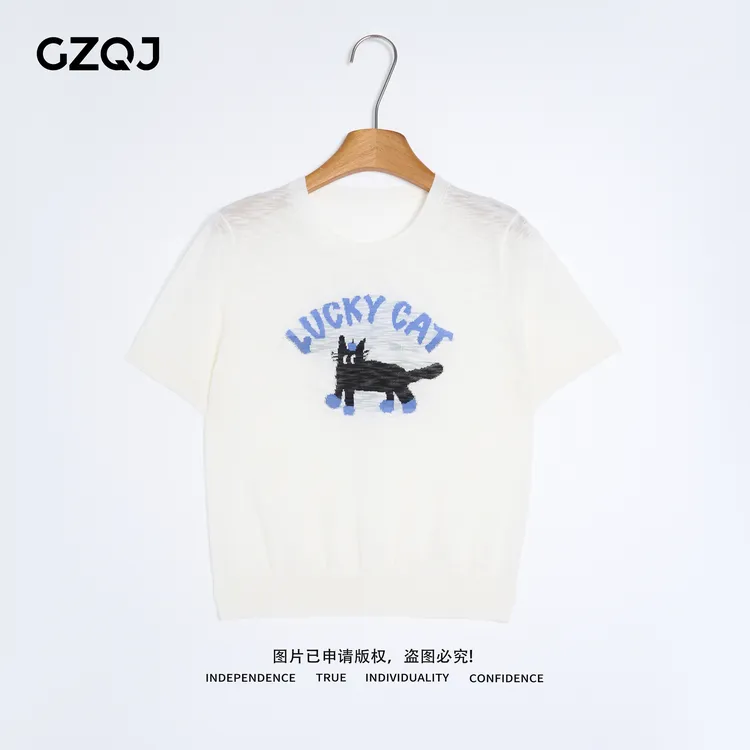 老琴私服【好运猫】欧若风设计感小猫字母圆领短袖针织衫女夏季9232
