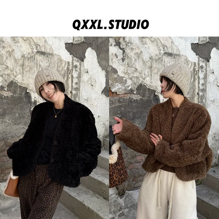 邱小小丽呀 冬季新款复古短款毛毛外套女百搭软糯保暖厚上衣外套