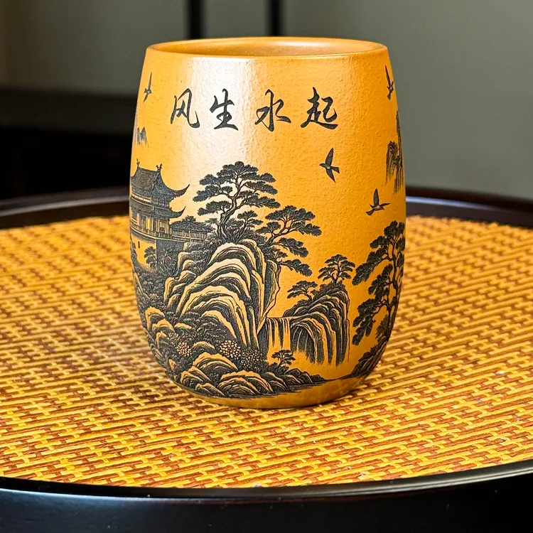 主人杯宜兴紫砂 风生水起 雕刻原矿黄金朱泥高端紫砂茶杯喝茶茶具