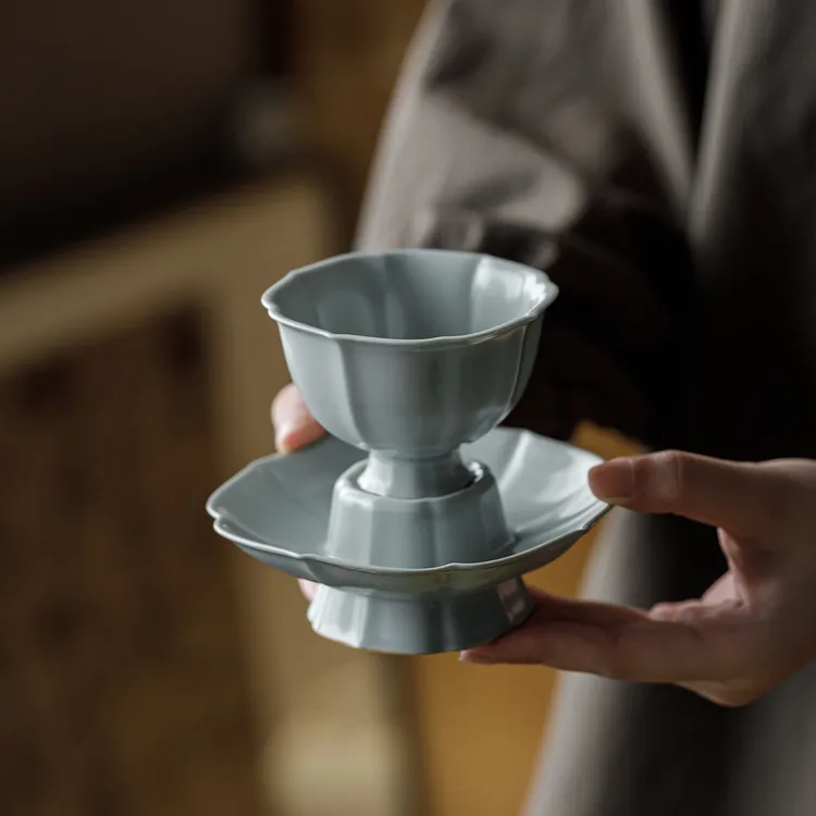 天青汝窑高足茶杯家用复古品茗杯带杯垫组合套装陶瓷主人杯茶盏
