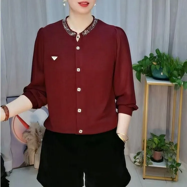 春季新款时尚新潮风烫钻小开领上衣长袖上衣妈妈装小衫