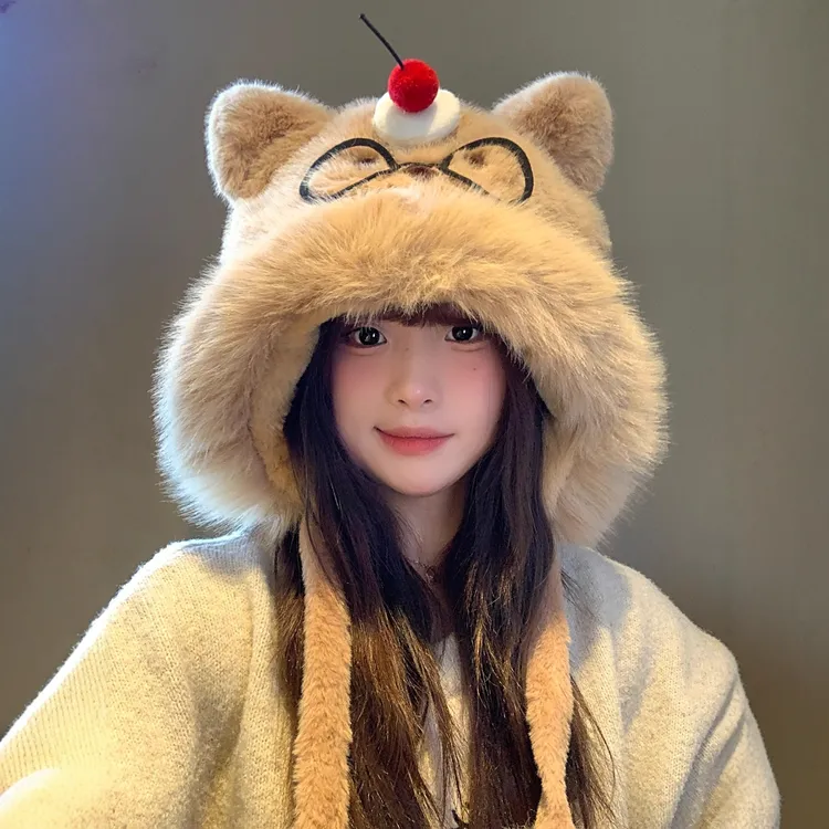 可爱蛋糕眼镜小熊毛绒帽子女秋冬加绒加厚保暖骑车防寒雷锋帽KKK