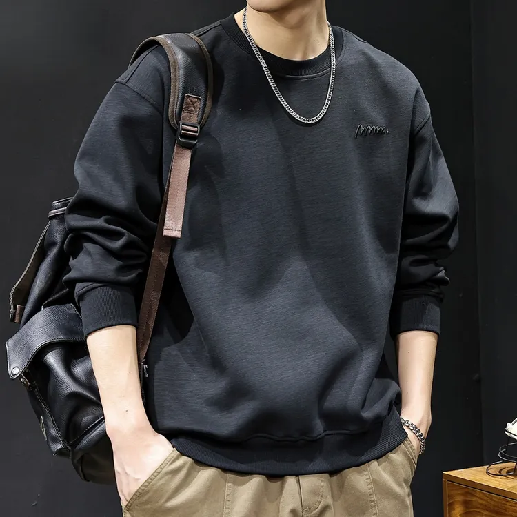 竹节棉纹理刺绣圆领卫衣男士秋冬新款潮牌宽松休闲加绒上衣打底衫