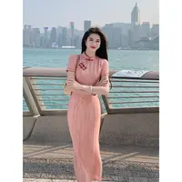 凌茜【尘缘】新中式条纹改良旗袍女春夏粉色撞色盘扣旗袍连衣裙