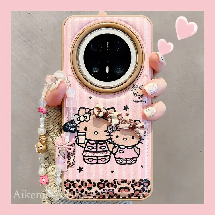 适用华为mate70pro+手机壳粉棕条纹Mate60pro+豹纹kt猫立体蝴蝶结