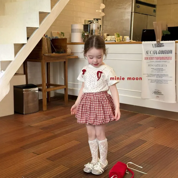 女童夏季洋气套装假两件上衣儿童中小童时髦蝴蝶结红格子短裙洋气