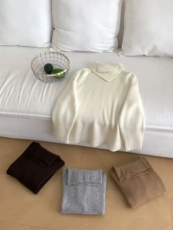 厚款韩版宽松针织高领型翻领毛衣保暖纯色套头针织保暖发热慵懒风
