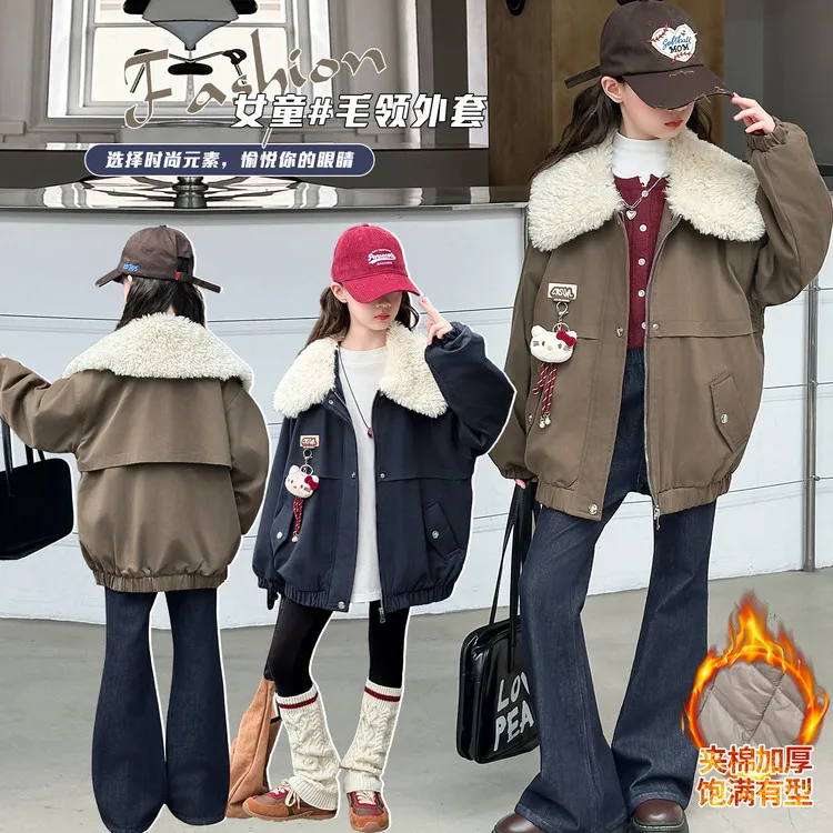 2025新款冬季女童毛领外套加厚保暖时尚百搭儿童棉服夹克上衣