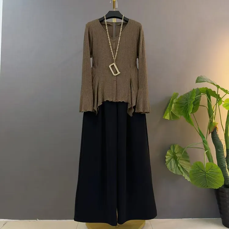 时尚套装长袖百搭打底阔腿裤显瘦连衣裙复古套装针织