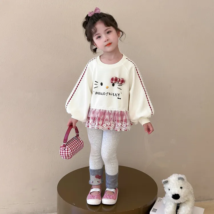 儿童秋装卫衣套装新款洋气女宝宝卡通花边上衣小女孩春秋款两件套