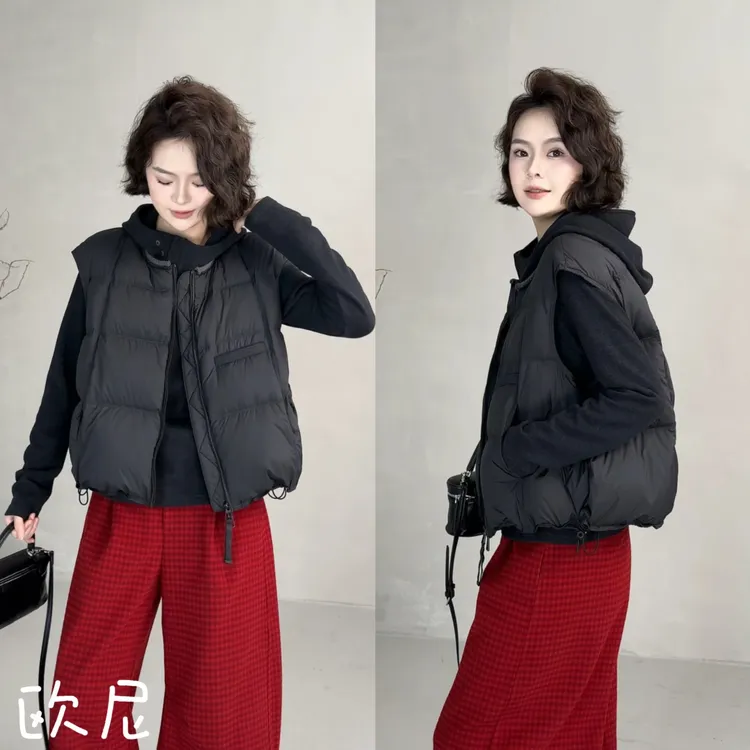 欧尼私服 2025秋冬双拉链女士黑色90绒羽绒马甲简约上衣2509C6382