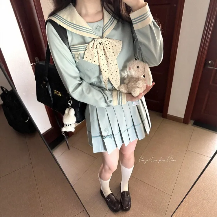 lulucake春秋日系学院风水手服薄荷白巧长袖上衣JK制服套装裙子女
