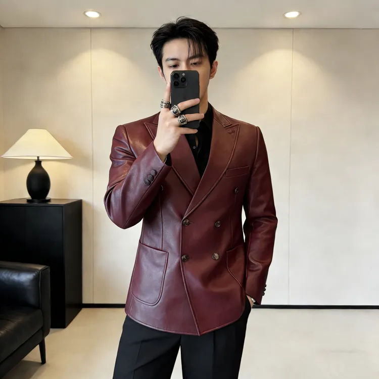 轻奢新品男士戗驳领皮衣西服痞帅潮流韩版西装外套男