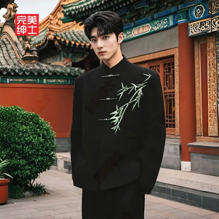 新中式男装飞机扣中国风翠竹刺绣外套垫肩毕业典礼网剧中山装秋季