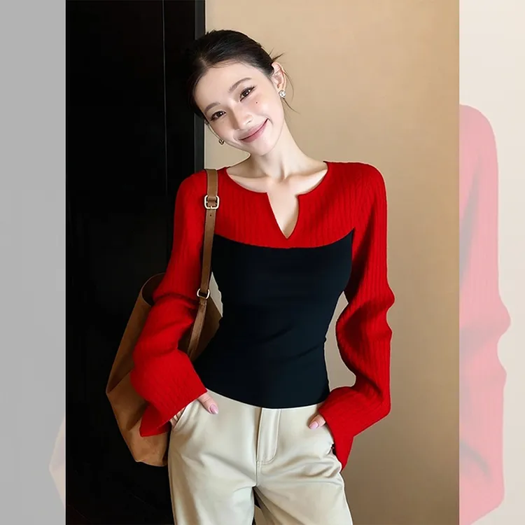 别致独特漂亮内搭撞色V领针织打底小衫毛衣女装秋冬洋气高贵上衣
