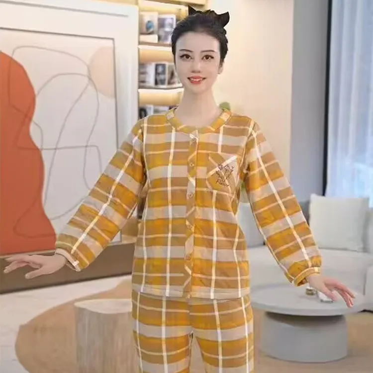 秋鹿三层夹丝双面纯棉印花圆领女套冬季时尚甜美保暖家居服